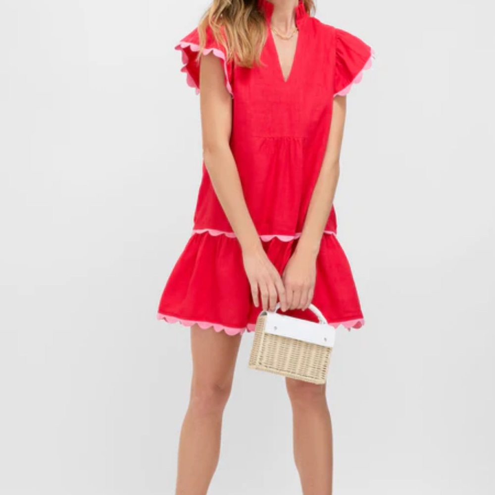 Tuckernuck Hibiscus Red Linen Flutter Sleeve Bella Dress NWT